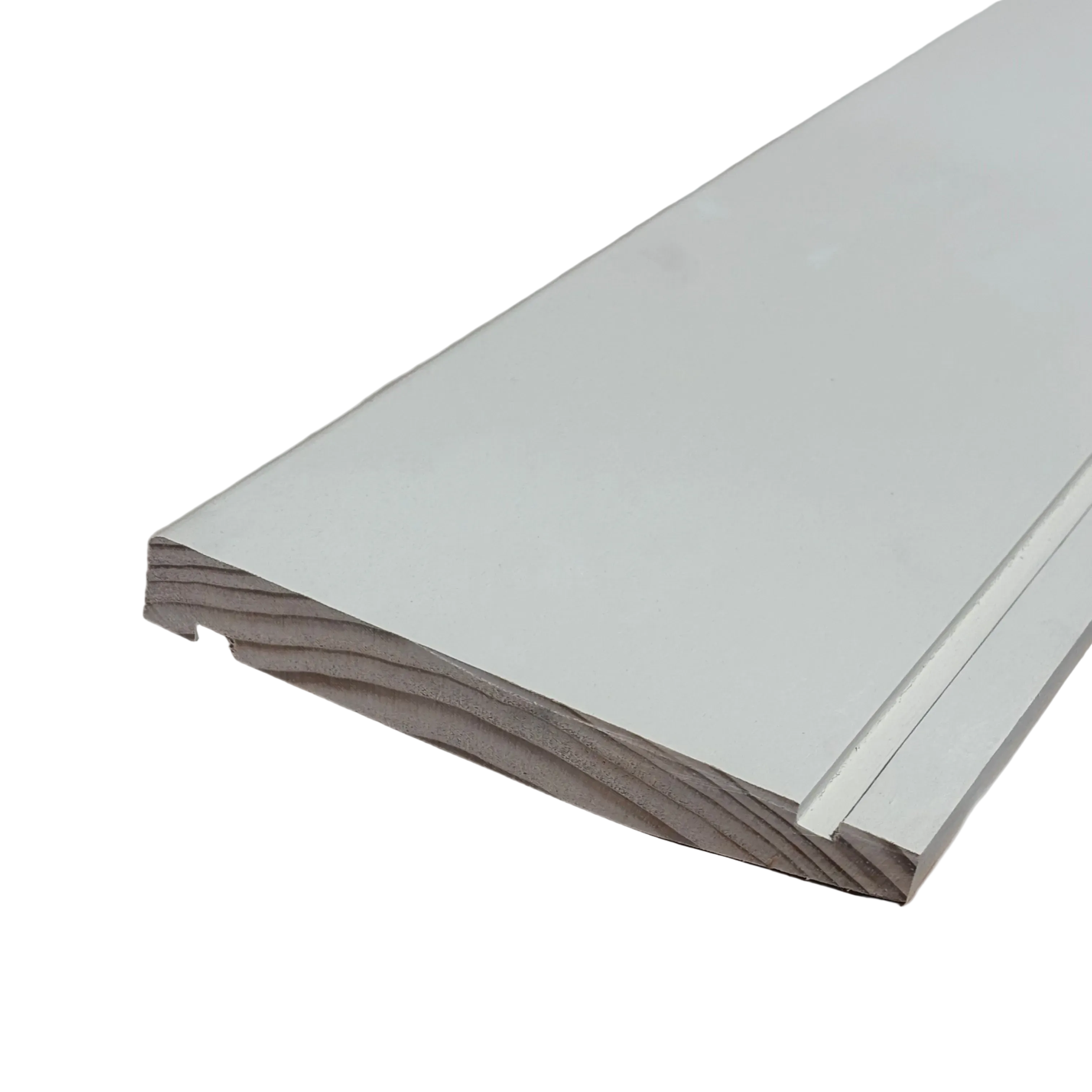 A close-up of a white wood bevelback weather board showing its layered wood grain edges, photographed on a solid light gray background.