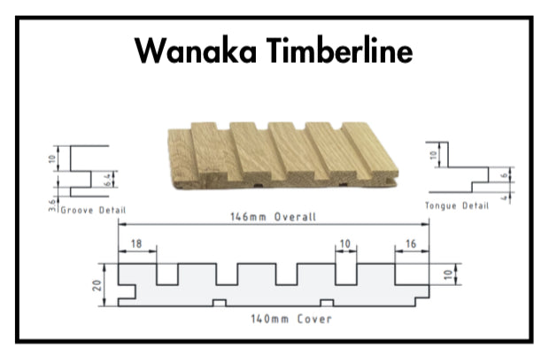 Interior Lining Wanaka Ridge Feature Wall Batten with dimensions and tongue and groove details for easy installation.