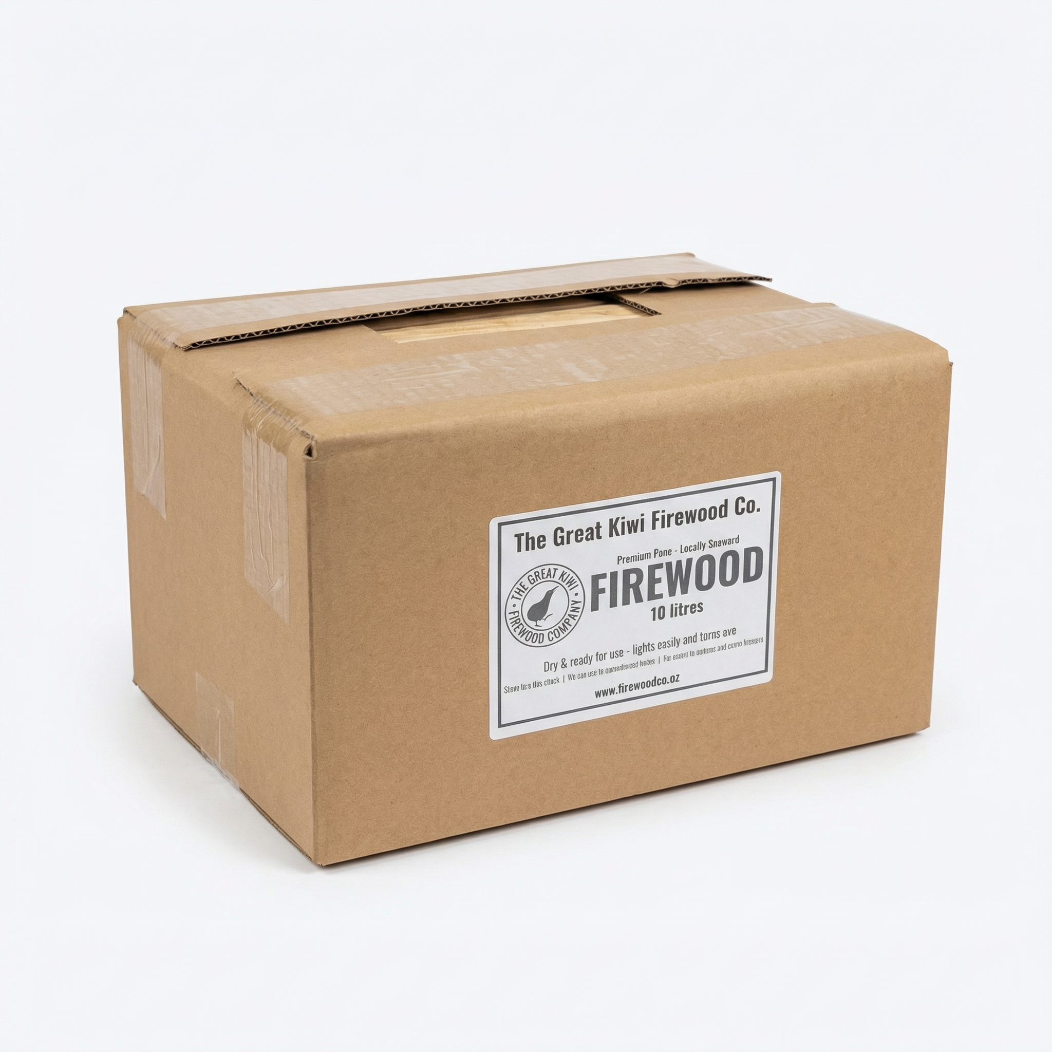 Cardboard box with 'The Great Kiwi Firewood Co.' label on a white background