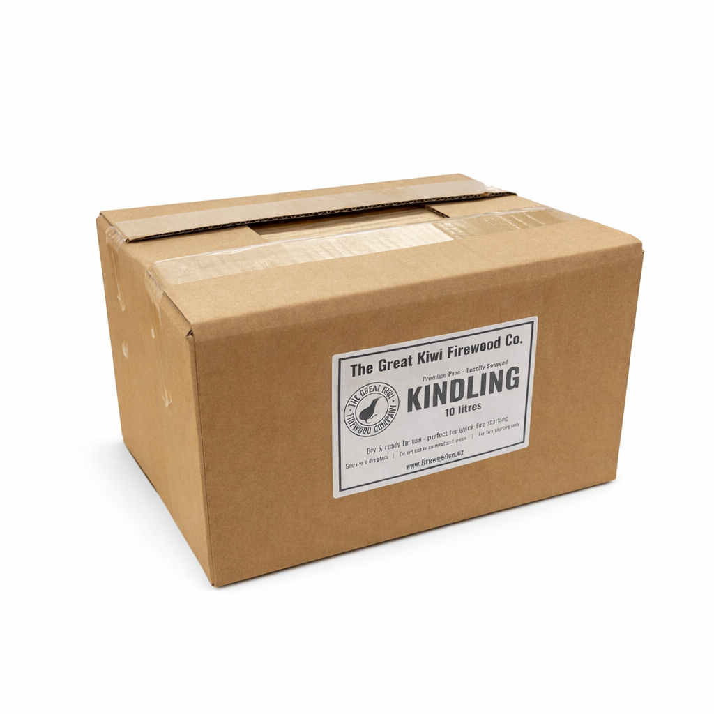 Cardboard box with 'The Great Kiwi Firewood Co.' label on a white background