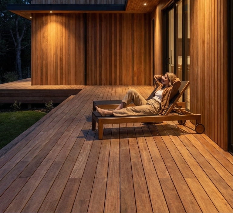 Modern wooden deck with a person relaxing, featuring text about thermally modified pine.